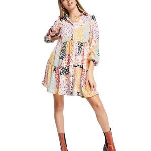 NWOT River Island Patchwork Floral Balloon Sleeve Mini Shirt Dress Women's 8US
